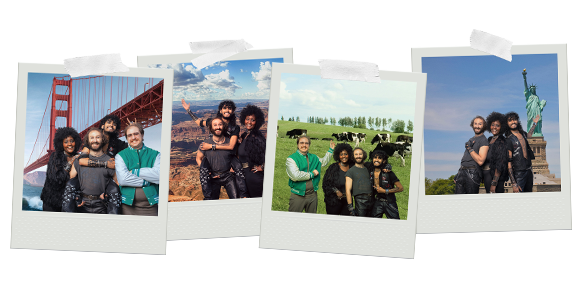 A photo collage of fun rock band members showing off their smiles as they stand in front of several famous United States landmarks